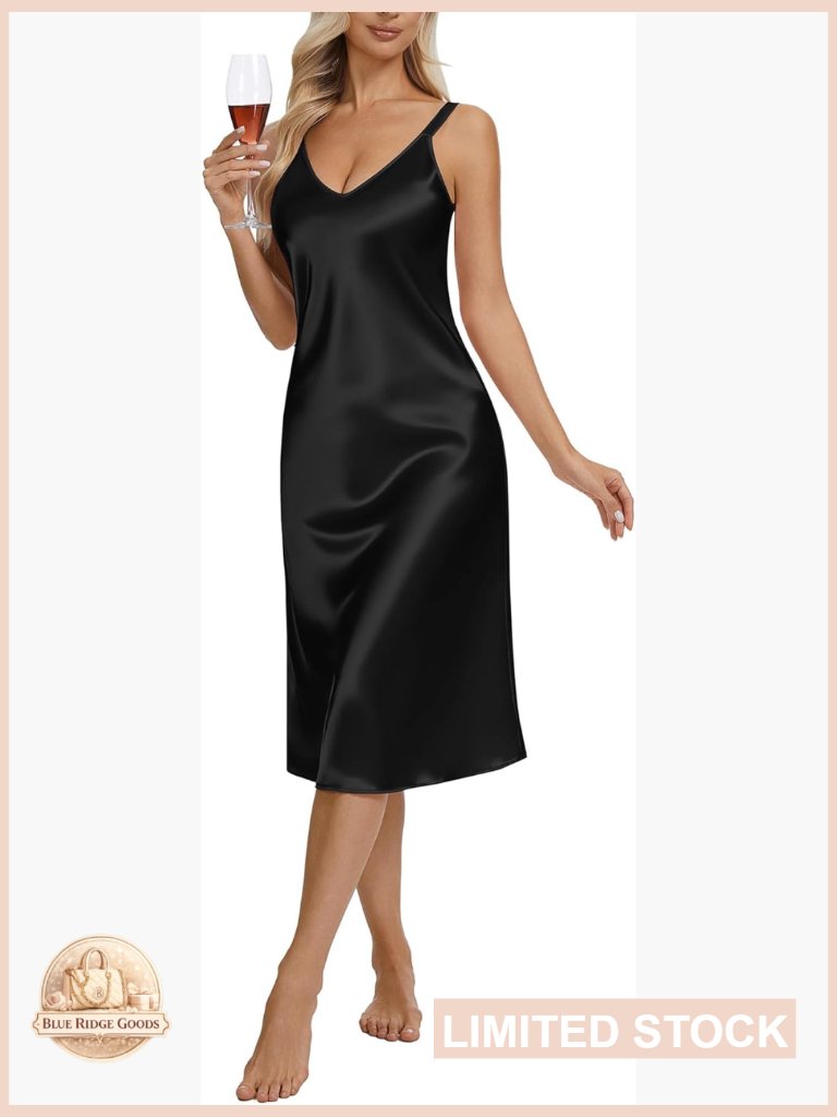 Satin Silk Slip Dress Sleeveless V Neck Wide Strap Nightgown Pajama